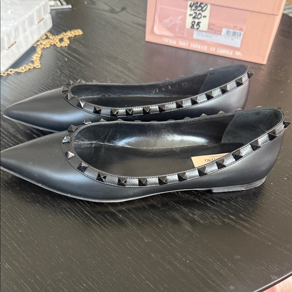 Valentino Black Leather Pointed Rockstud Flats - Picture 2 of 8